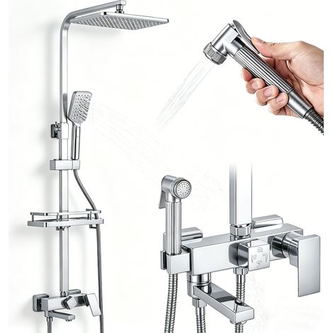 Colonne de douche thermostatique Chrome avec hauteur réglable 73-116 cm, pommeau carré rotatif 29×19 cm, ensemble douche de pluie et pulvérisation (1/5)