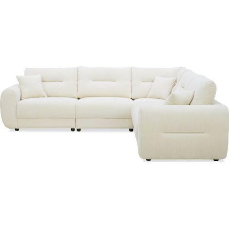 Deco In Paris – Canapé d'angle velours chiné beige 5 places – Assise moelleuse – Dossiers capitonnés – Accoudoirs épais – 3 coussins assortis (1/5)