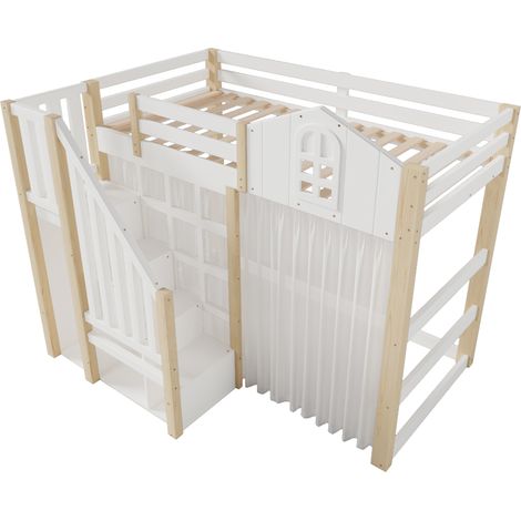 Hochbett 90x200 cm mit LED, Fenster und weiß-naturfarbener Stauraumtreppe (1/5)