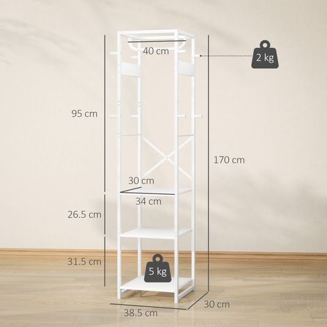 Porte-manteau avec barres en bois et en acier et deux étagères ouvertes, dimensions : 38,5 x 30 x 170 cm, coloris : blanc et bois (1/5)