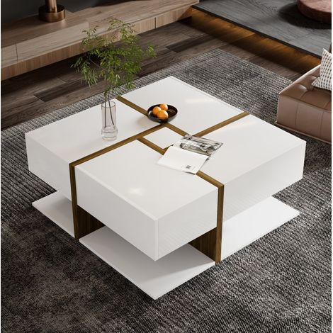 Quadratischer Couchtisch mit 4 Schubladen und Ablage 78 x 78 x 34,8 cm Weiß Hochglanz HAVRYA (1/5)