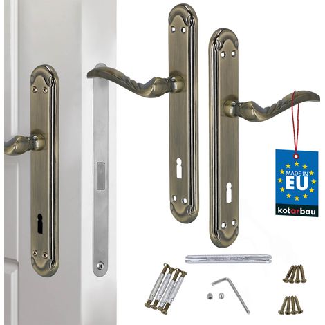Manilla de puerta larga con placa para llave, decorada con pátina, 90 mm