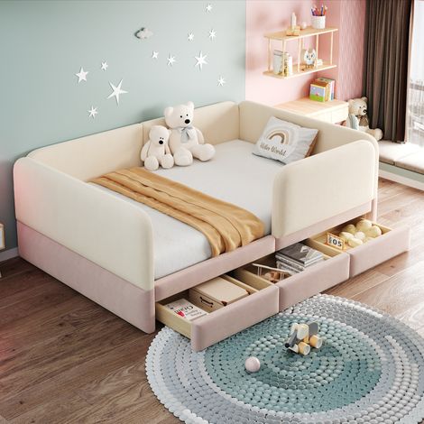 Lit enfant 140x200 cm avec bords rembourrés et 3 tiroirs de rangement, structure stable, velours beige et rose (1/5)