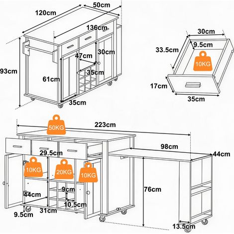 Chariot de cuisine 50 x 93 cm rangement plateau de travail extensible rangement intégré 3 tiroirs range-bouteilles prise usb 7 (1/5)
