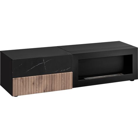Meuble TV Cannes RTV-K avec cheminée bioéthanol - Bois MDF noir et chêne Viking et effet marbre noir - 160 x 42 x 45 cm - Livraison gratuite (1/5)