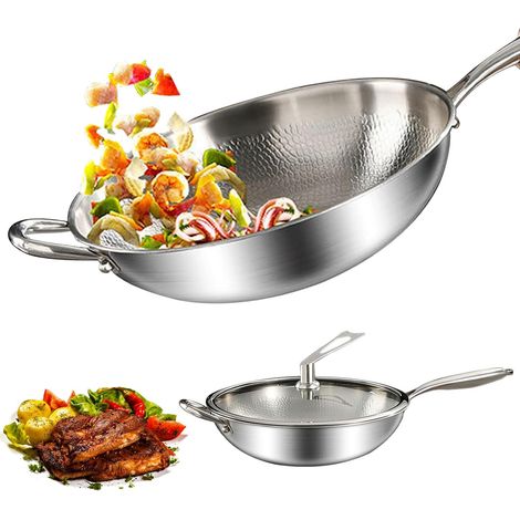 30 cm Edelstahl-Wokpfanne mit Deckel, dickwandig, extrem langlebig, titanbeschichtet, mit Deckel, geeignet für Induktionskochfelder, ofenfest bis 400 °C, unbeschichtet (1/5)
