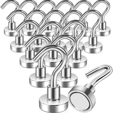 Lot de 18 crochets magnétiques extra forts de + en néodyme et acier, 16 mm, petit crochet magnétique, sans perforation pour portes en fer, réfrigérateur, cuisine, étendoir à vêtements