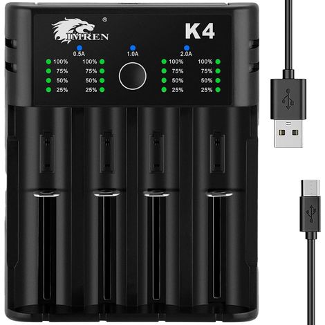 Chargeur Piles Rechargeable 18650, Charge Rapide pour Batterie 3,7V 18650 14500 14650 17500 18350 18650 18700 20700 21700 22650 26650, 1,2V Ni-MH/Ni-CD Pile AA AAA C (4 Baies)