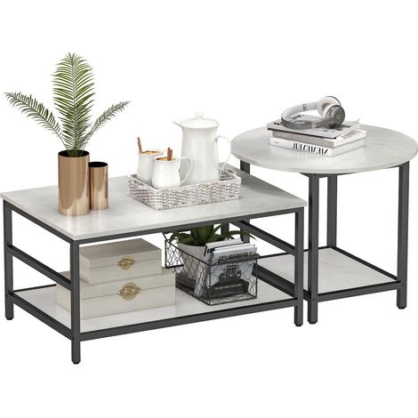 Harmoniser Votre Salon avec un Lot de 2 Tables Basses Aspect Marbre et Pieds Réglables en Acier (1/5)