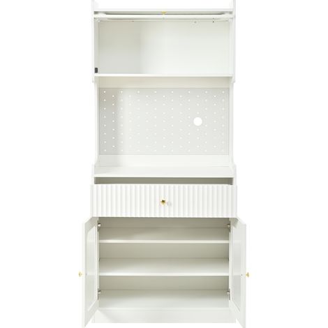 Buffet haut de cuisine blanc avec portes en verre strié, armoire avec éclairage led et étagères réglables, 80x40x180 cm (1/5)