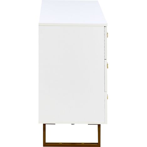 Armoire moderne avec 6 tiroirs, en blanc et avec des accents dorés. Design élégant, fabriqué en MDF et acier. Idéale pour les chambres à coucher, les salons et les entrées de maison. Dimensions : 120x (1/5)
