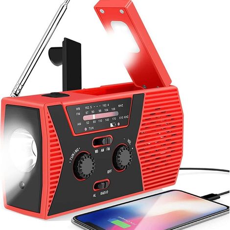 Radio portable - Radio d'urgence - Radio d'urgence solaire à remontage manuel - Avec lampe torche et liseuse - 2000 mAh - Rouge - ABS (1/4)
