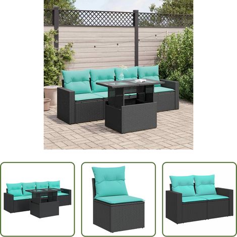 Gartentisch - 5tlg. Garten-Sofagarnitur mit Kissen Schwarz Poly Rattan Akazie (1/5)