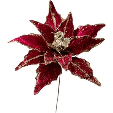 Ansho Lot de 6 grandes fleurs de poinsettia artificielles à paillettes de 27,9 cm pour décoration de sapin de Noël, couronne, guirlande (rouge vin) (1/5)