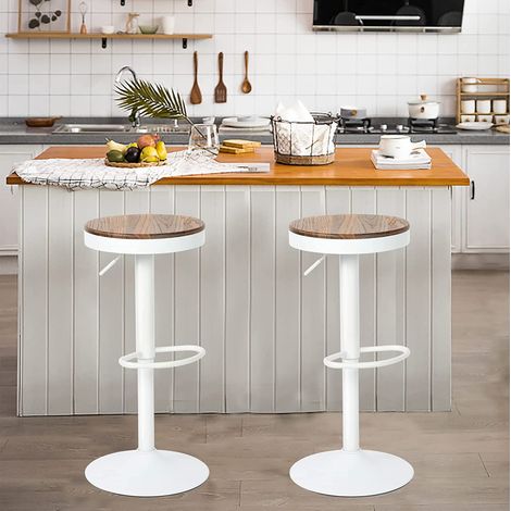 Lot de 2 Tabourets de Bar, Tabourets de Cuisine avec Siège Rond en Bois et Cadre Métallique, Hauteur Réglable, Pivotant à 360 Degrés, Blanc Chêne (1/4)