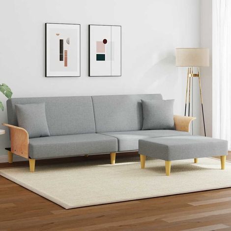 Schlafsofa 2-Sitzer mit Kissen und Fußhocker Hellgrau Samt