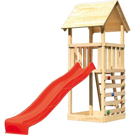 Akubi Lotti Satteldach natur Rutsche rot+Kletterwand