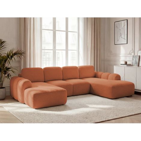 BOBOCHIC - Canapé panoramique convertible coffre MONTAIGNE tissu bouclette Angle gauche  Orange