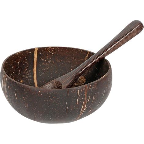 Bols en noix de coco, bols en noix de coco polis et cuillères en bois, récipients alimentaires rigides (avec cuillères) (1/5)