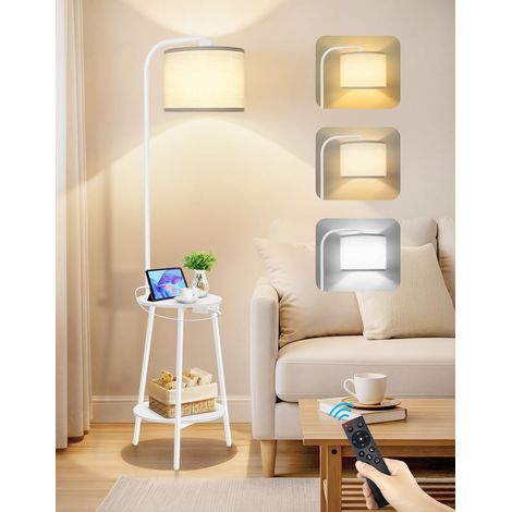 Lampadaire sur Pied avec Table d’Appoint, LED Dimmable avec Télécommande, 3 Températures de Couleur, Table avec Charge USB et Étagère pour Salon Chambre (Blanc Rond) (1/5)
