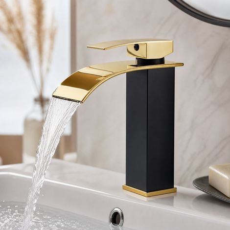 Robinet lavabo effet cascade noir et or, mitigeur eau chaude et froide, design plat bas, avec tuyaux d'arrivée flexibles (1/5)