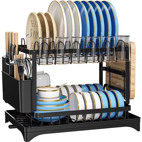 Range-vaisselle double étagère pour placard – Organisateur de cuisine 2 niveaux – Rangement pour assiettes, bols et couverts – Gain de place (1/2)