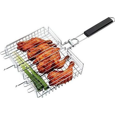 Panier à Grillade en Acier Inoxydable 64,5 x 31 x 5,5 cm avec Poignées Pliantes - Grille Portable pour Saucisses, Légumes, Poulet, Viande et Poisson (1/2)