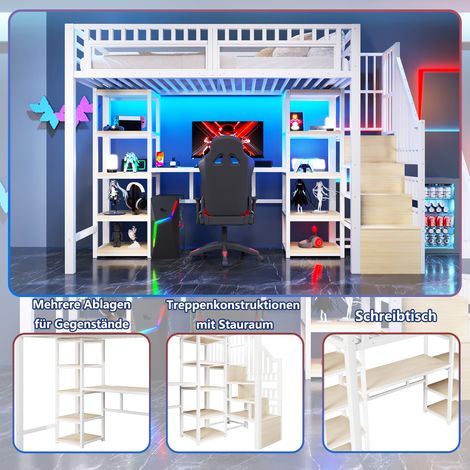 Lit surélevé 90x200, cadre métal, rangement intégré, échelle avec tiroir, bureau, éclairage LED, prise USB, sans matelas, blanc (1/5)