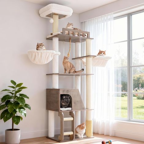 Arbre à chat avec niche et plateforme d'observation, tour de jeu pour chat, 177 cm de hauteur, stable et sécurisé (1/5)