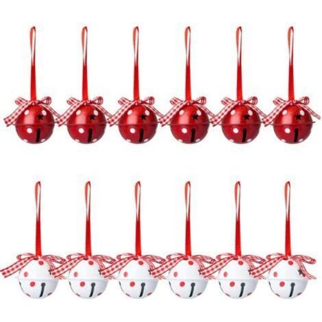 Pair Ensemble de 12 cloches de Noël et grelots, décorations d'arbre de Noël, motif à pois, ornements pendentifs de grelots rouges et blancs