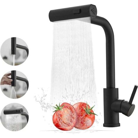 Robinet de Cuisine Noir avec Pulvérisateur Extractible, Robinet de Cuisine Cascade en Acier Inoxydable, Robinet d'évier de Cuisine à Poignée Unique avec Pulvérisateur Extractible Pour 3 Fonctions (1/4)