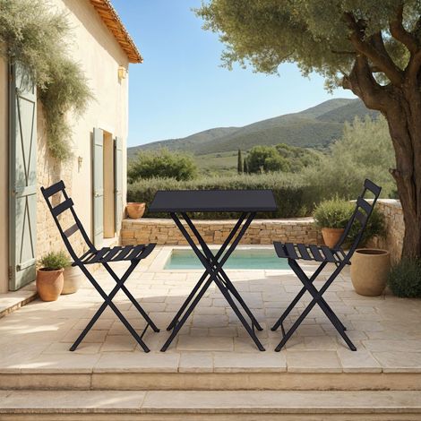 Ensemble table + 2 chaises de jardin en métal gris - BACA