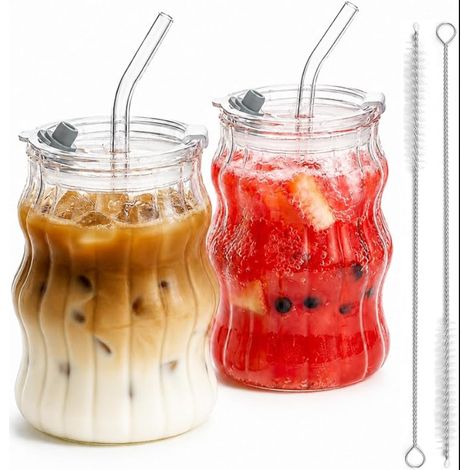 Verres à Café Glacé Ondulés avec Paille, avec Couvercle et Brosse, pour Matcha, Latte, Cocktail, Eau (1/5)