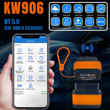 KONNWEI KW906 BT 5.0 sans fil OBDII voiture outils de diagnostic automatique détecteur testeur Scanner pour système IOS Android, rouge