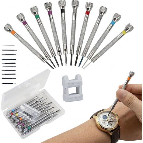 Jeu de 10 Tournevis Precision Pour Horlogerie/Lunettes, Tournevis Horloger avec Magnétiseur Désaimanteur en Acier 45 pour Réparation de Montres, Lunettes et Électronique, 0.6mm-2mm (1/5)