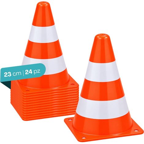 24 Coni in Plastica Arancioni con Righe Bianche, Impilabili da 23 cm - Coni Sportivi per Allenamento, Equitazione, Percorsi e Delimitazione Aree (1/5)