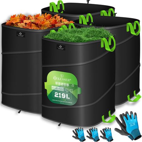 KESSER® Pop-Up-Gartensack Laubsack Gartenabfallsack inkl. Handschuhe  Selbststehend mit Griffen Stabil Robust & Faltbar  Schwarz / Hellgrün, 4x 219 Liter