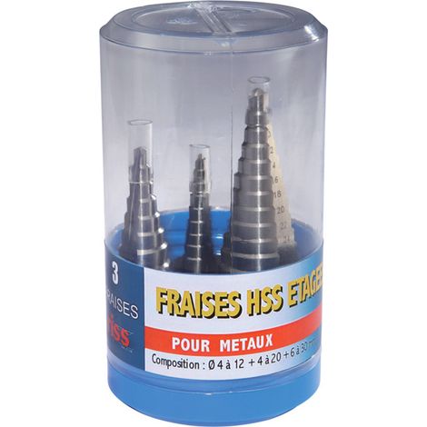 Riss – Coffret de 3 fraises HSS étagées pour perceuse – Acier M2 – Diamètres 4 à 30 mm – C003Q3090 (1/2)