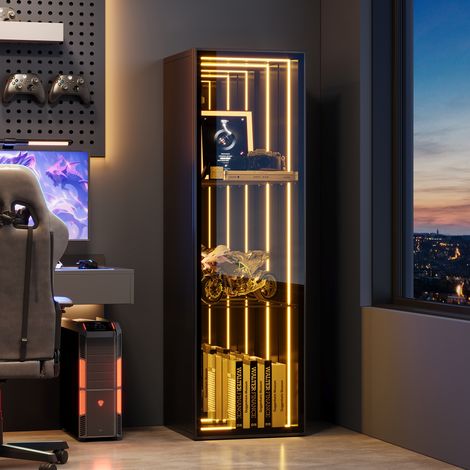 Meuble vitré 30x30x90 cm - Portes en verre trempé avec cadre aluminium, 3 compartiments, tablettes réglables, bande LED, fermeture douce, noir élégant - Vitrine compacte. (1/5)