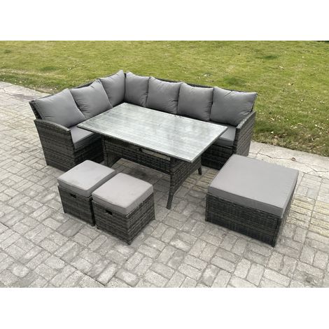 Fimous 9 Seater Outdoor Rattan Garden Furniture Set with Rectangular Dining Table 3 Footstools Patio Wicker Corner Sofa Set Dark Grey Mixed