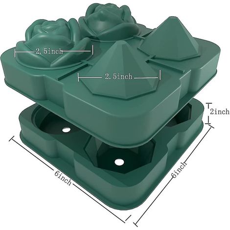 Moule à glaçons en silicone vert à 2 cavités en forme de rose et à 2 cavités en forme de diamant, pour glaçons sphériques de 6,35 cm (2,5 pouces). (1/4)