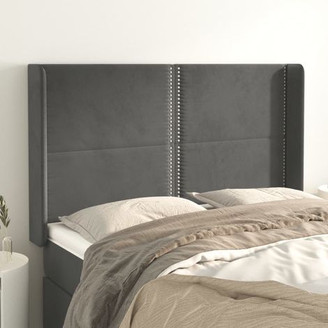 Tête lit de avec oreilles pour lit double, Cadre de lit, Tableau décoratif de chevet Gris foncé 147x16x118/128 cm Velours CDE93442 (1/5)