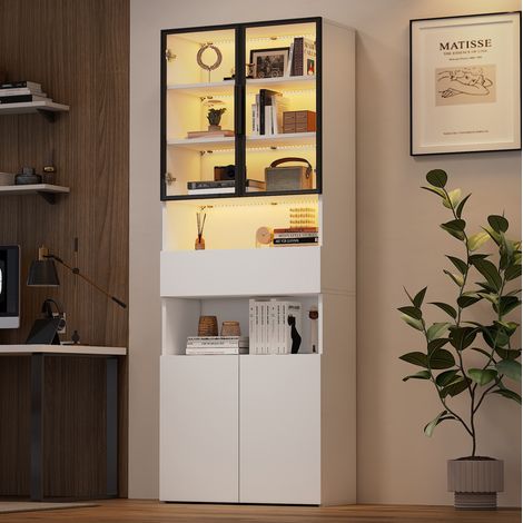 MEUBLIV Vitrina 70x30x200 cm blanca – LED, puertas de cristal, 1 cajón y 2 huecos (1/5)