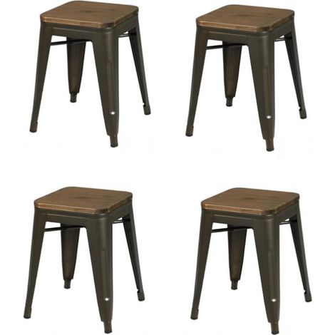 Lot de 4 tabourets en métal et bois "Liv" - Gris foncé - H 46 x L 39 x P 39 cm - Livraison gratuite (1/3)