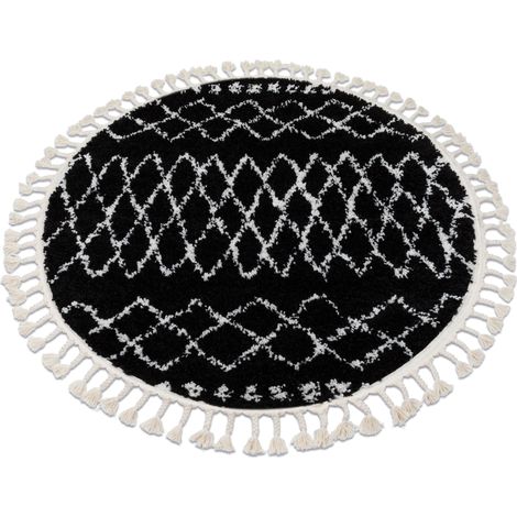 Alfombra BERBER ETHNIC G3802 círculo negro/blanco Franjas Bereber Marroquí Shaggy black circulo 160 cm