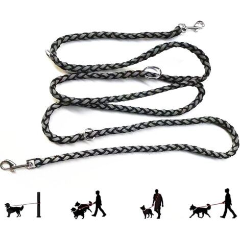 BUNTHAUS Hundeleinenseil, reflektierende, doppelt verstellbare Nylonleine mit 2 Karabinern und 3 Ringen, 2,1 m, schwarz, multifunktionale Hundeleine für kleine/mittelgroße/große Hunde (1/5)