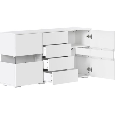 Credenza bianca lucida in MDF con LED, 2 ante in acrilico trasparente e 4 cassetti, 140 x 35 x 72 cm (1/5)