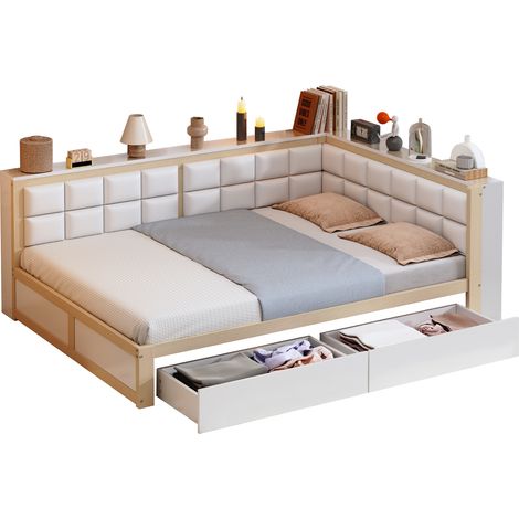 CAIziLit sofa en bois 140 x 200, lit multifonction avec dossier souple, grand tiroir de rangement, lit simple, lit jeunesse, en pin, couleur bois (1/5)