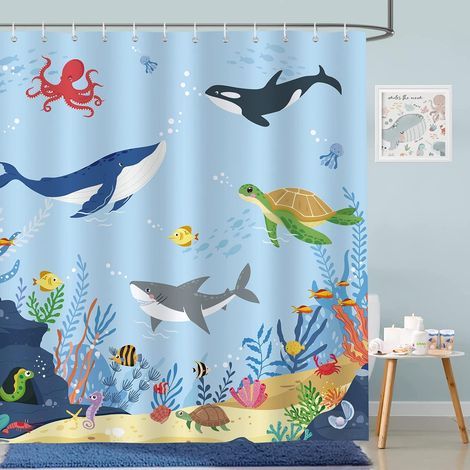 Duschvorhang „Unterwasser-Ozeanblau“ – Fisch- und Delfinmotiv für Kinder – wasserdicht, waschbar, schimmelresistentes Polyestergewebe – Badezimmer, 180 x 180 cm, mit 12 Haken (1/5)