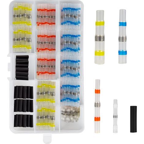 GENERIC-150PCS Cosse Thermoretractable, Connecteur Thermorétractable Manchon Thermosoudable 4 Tailles, Connecteur à Souder Étanche pour Moto Auto, Gaine Retractable pour Fil avec Cas Pratique (1/5)